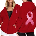 Red zip-up hoodie featuring a pink ribbon breast cancer awareness print on the front and back - S / Red