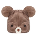 Brown knit baby winter hat with double pom-pom bear ears and cute embroidered face - One Size (Fits 3 Months-2 Years) / Deep Beige