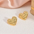 Golden heart earrings with embossed grid pattern in a high-gloss 18K gold finish - EH140-3D Grid Pattern Heart