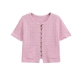 Pink short sleeve textured knit cardigan with gold buttons and double front pockets - S / Pink