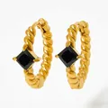 Gold twist hoop earrings featuring square black stones and intricate rope texture - Gold Black Gemstone (KDE712)