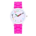Detailed view of white cartoon watch with pink silicone strap and colorful pencil hands - Rose Red
