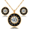 Luxury titanium steel necklace and earring set with Roman numerals and large crystal - Gold Set
