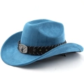 Detail of blue suede cowboy hat featuring vintage silver bull head and star metal ornaments - M (56-58cm) / Lake Blue