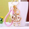 Pink crystal elephant keychain with gold lobster clasp and braided strap for women - Single OPP Bag Packaging / Pink Rope + Pink Crystal Elephant