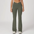 Pantalon de yoga évasé vert olive à taille haute croisée avec poches latérales - Vert Cèdre