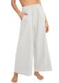 Women's light grey high-waisted wide leg cotton linen trousers with elastic waistband - S / White