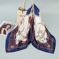 Deep blue and gold chain print satin silk square scarf draped on a handbag - 90*90cm / Coin Navy