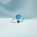 Minimalist S925 sterling silver open ring featuring blue enamel yin yang swirl and black zircon - US Size 7 Adjustable / Blue