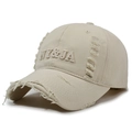 Casquette beige vintage avec broderie NY&JA 3D et détails déchirés style rétro - Réglable / Beige Clair