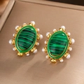 18K gold plated oval stud earrings with green malachite texture and small white pearls - E-339 / Gold Malachite Green