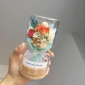 Mini glass dome dried flower bouquet with red roses and blue wrap on cork base - Cyan Wishing Bottle / 6.5*12.5cm