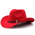 Close-up of bright red felt cowboy hat with black leather band and gold floral buckle - M (56-58cm) Adjustable / Red