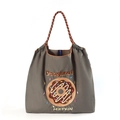 Dark gray nylon tote bag with colorful doughnut embroidery and striped woven handles - Dark Grey Brown Donut