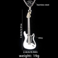 Silver stainless steel necklace with white guitar pendant showing size and weight specs - Guitar No.71 + 70cm Steel Chain