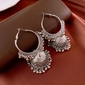 Vintage silver Jhumka hoop earrings with intricate swirl textures and ethnic bell pendant - 7# Ethnic Vintage Hoop Bell - Silver