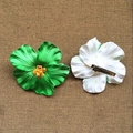 Tropical plumeria fabric hair clips in white and green with metal duckbill grips - Green