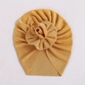 Ingwergelber Baby Turban Hut aus Strick mit dekorativem Blumenknoten und Glanzoptik - Ingwergelb
