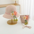 Detail of hand-woven straw hat and matching crossbody bag with 3D floral accents - 54cm (Recommended 2-10 Years) / Pink Hat + Bag Set
