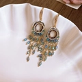Detail of gold tassel earrings with grey-blue crystal beads in a shell ceramic dish - 24# Ear Hook-Gold-Colored-Tassel