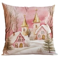 Pink and gold winter watercolor Christmas pillow case with snowy cabin and trees - Winter Cabin