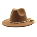Detail of brown wool fedora hat featuring pearl gold chain and double fringe tassels - M (56-58cm) / Light Coffee