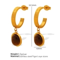 Boucles d'oreilles demi-créoles en acier doré avec pendentif en pierre oeil de tigre - Boucles d'Oreilles Dorées Oeil de Tigre EH358