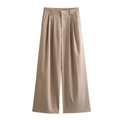 Detaillierte Flachbildaufnahme der khakifarbene Weitbeinhose mit hoher Taille und Faltenfront - S / Khaki Hose