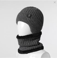 Dark gray knitted winter hat and neck warmer set with warm faux fur lining for men - Cotton Thread Two-Piece Set / Snowflake Logo Ear Protection - Grey Set
