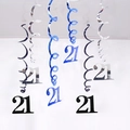 Metallic blue and silver PVC swirl decorations featuring number 21 for birthday parties - 21st Birthday (Blue Silver Black) / 6 Pieces Set