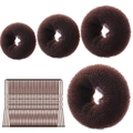 Detail of dark brown foam donut hair bun makers and U-shaped metal pins set for styling - 34-Piece Coffee Set / Brown