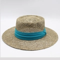 Strohhut mit flacher Krone, breiter Krempe und türkisfarbenem Stoffband für den Strand - M (56-58cm) / See Blau