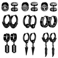 9-piece black stainless steel earring set for men featuring Nordic Viking stud designs - Black Viking Compass Spike Combination (36041)