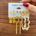 Close-up of 6 pairs gold earring set featuring pearls and geometric designs on display card - Gold Butterfly Rhinestone Artificial Pearl Combination (54191)