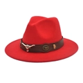 Close-up of red wool fedora with brown leather band and silver bull head ornament - M (56-58cm) / Red