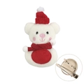 Christmas plush bear pin with red knit hat and detail view of the metal back clip - Christmas Snowman - Clip Style