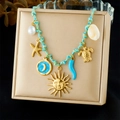 Handmade woven cord necklace with gold starfish, turtle, and blue moon charms - Pearl Shell Moon Sun Turtle Pendant Style (N3799)