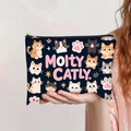 Dark blue canvas makeup bag featuring cartoon cat prints and Molty CATLY. lettering - Dark Blue Cartoon Cat Paws (jiayingpbb090)