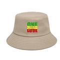 Detail of khaki bucket hat with One Love text embroidery and reggae colored graphics - M (56-58cm) / Khaki