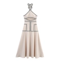 Abito lungo beige stile boho con allacciatura al collo, ricami e ritagli in vita - XS / Cachi