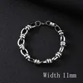 Classic 11mm wide silver stainless steel Cuban link bracelet for men on black leather - 21cm / Silver/11mm Handmade Oval Link Bracelet