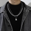 Silver double-layer Cuban chain necklace with letter K pendant for men and women - Letter K (Double Chain + Pendant)