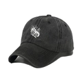 Detail of charcoal washed cotton baseball cap featuring white flame butterfly embroidery - Black