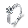 Adjustable S925 sterling silver ring with six-prong round moissanite zircon setting - Adjustable Open / Double Row Micro-Pave Crown Style (1 Carat Effect)