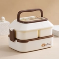 Double-layer Debi Rabbit plastic lunch box in beige and brown with handle and latches - Large / Beige
