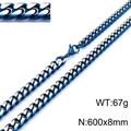 Blue and silver two-tone stainless steel Cuban link chain necklace, 600mm x 8mm size - Deep Blue Necklace (KN198435-Z)