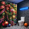 Detail of Christmas shower curtain with red bow, ornaments and pine needles - Christmas Ornaments Print / 90*180cm