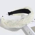 Detail of white twisted mesh headband with elegant pearl beads and satin lining decoration - Smooth Creamy White Braid
