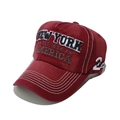 Detail of New York patch embroidery and white stitching on burgundy cotton baseball cap - M(56-58cm) / Burgundy