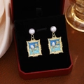 French retro gold earrings with blue enamel flowers and white pearls in a gift box - E7293/Gold Rose Picture Frame Earrings